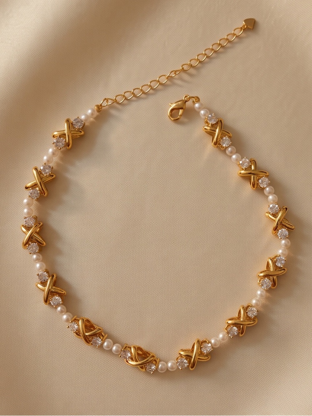 18K Gold Plated Stainless Steel Pearl & CZ "X" Choker Necklace